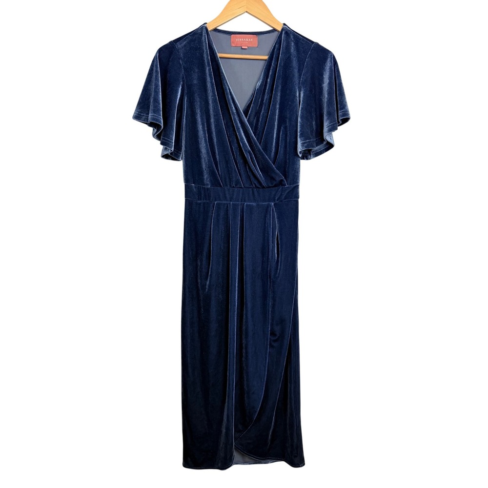 JessaKae Collection‎ Blue Velvet Wrap Midi Dress Flutter Sleeve Occasion XS